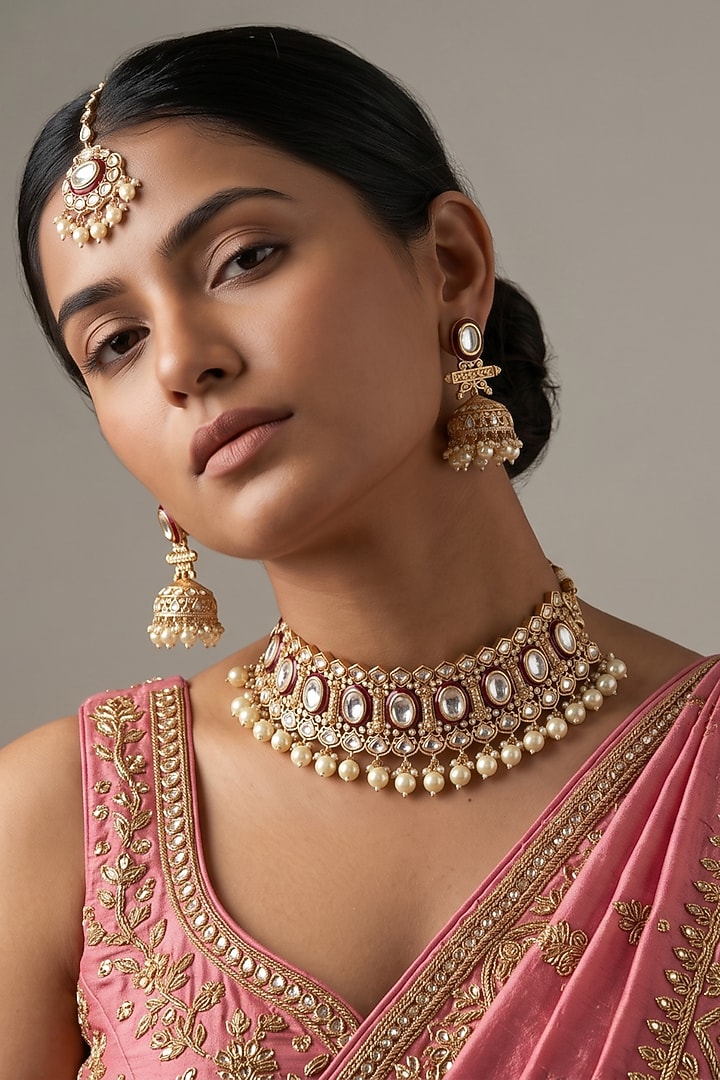 Gold Finish Kundan Polki & Pearl Drop Meenakari Choker Necklace Set by IndieBlingz at Pernia's Pop Up Shop
