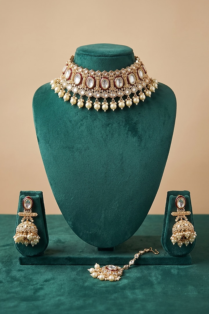 Gold Finish Kundan Polki & Pearl Drop Meenakari Choker Necklace Set by IndieBlingz at Pernia's Pop Up Shop
