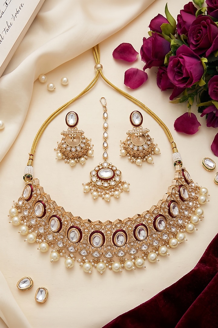 Gold Finish Kundan Polki & Pearl Drop Meenakari Choker Necklace Set by IndieBlingz at Pernia's Pop Up Shop