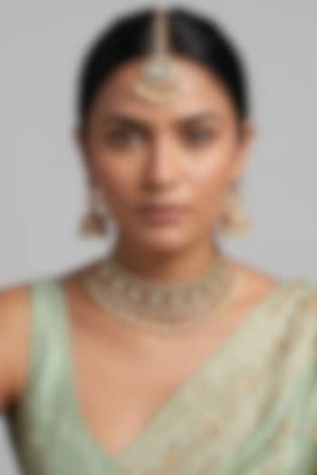 Gold Finish Kundan Polki & Pearl Drop Meenakari Choker Necklace Set by IndieBlingz at Pernia's Pop Up Shop