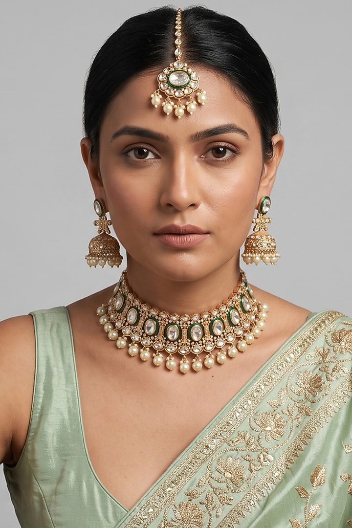 Gold Finish Kundan Polki & Pearl Drop Meenakari Choker Necklace Set by IndieBlingz at Pernia's Pop Up Shop