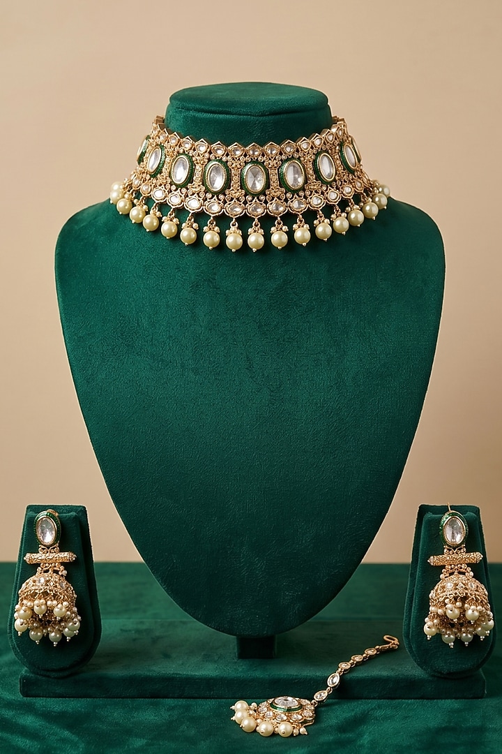 Gold Finish Kundan Polki & Pearl Drop Meenakari Choker Necklace Set by IndieBlingz at Pernia's Pop Up Shop