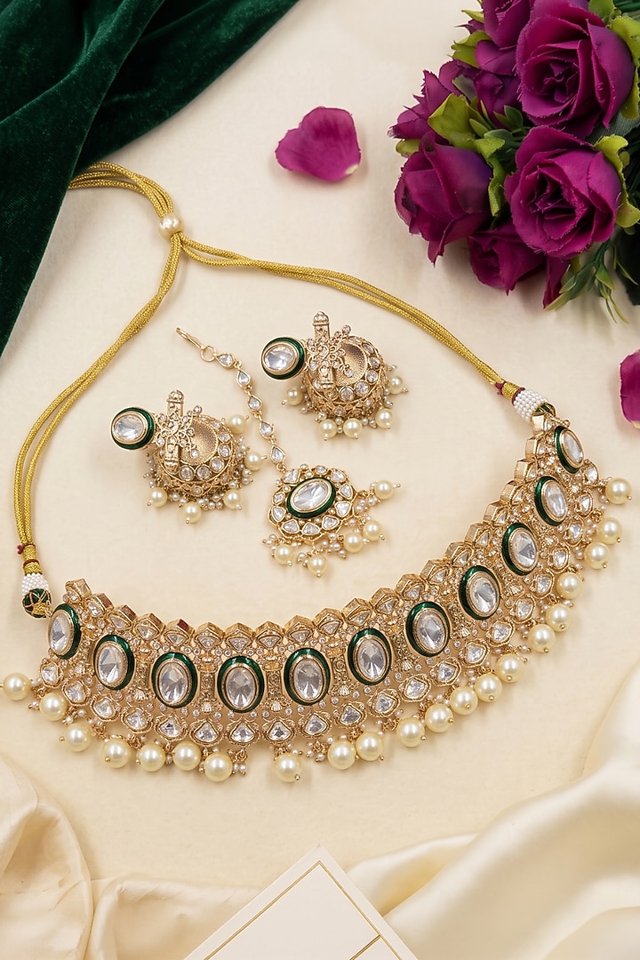 Gold Finish Kundan Polki & Pearl Drop Meenakari Choker Necklace Set by IndieBlingz at Pernia's Pop Up Shop