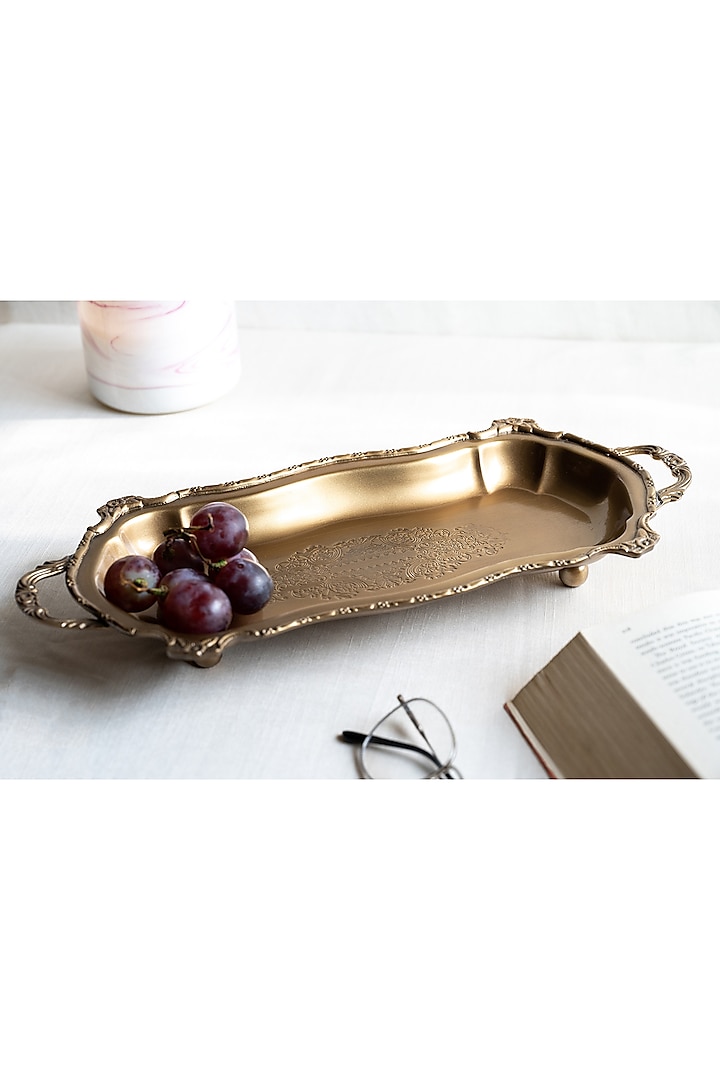 Golden Brass Contoured Serving Tray by Indique
