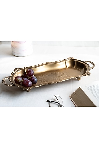 Golden Brass Contoured Serving Tray by Indique