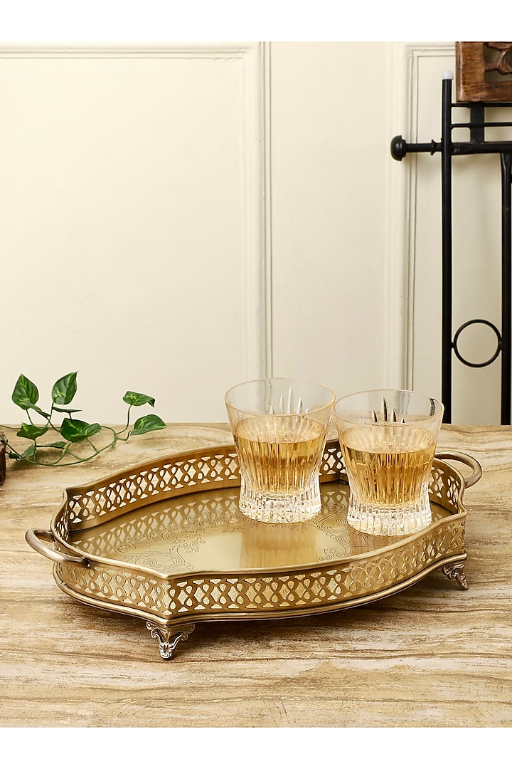 Golden Brass Vintage Serving Tray by Indique