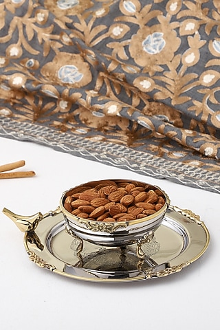 Silver Brass & Stainless Steel Serving Bowl With Trivet by Indique