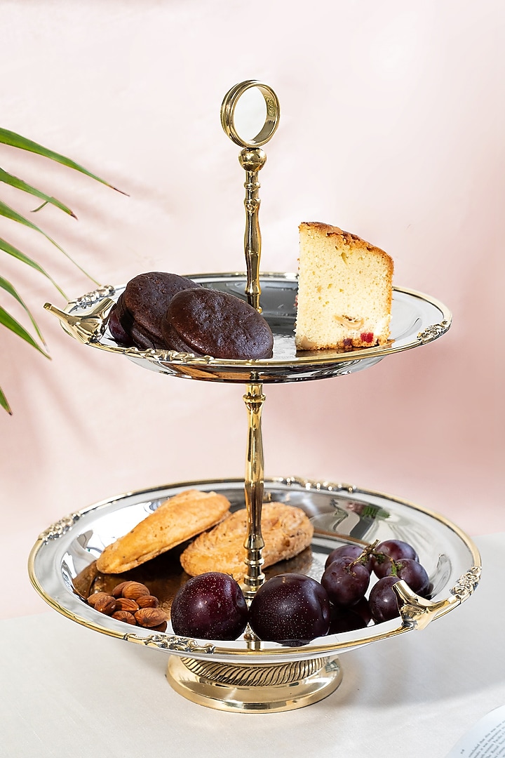 Silver Brass & Stainless Steel Two-Tiered Cake Stand by Indique