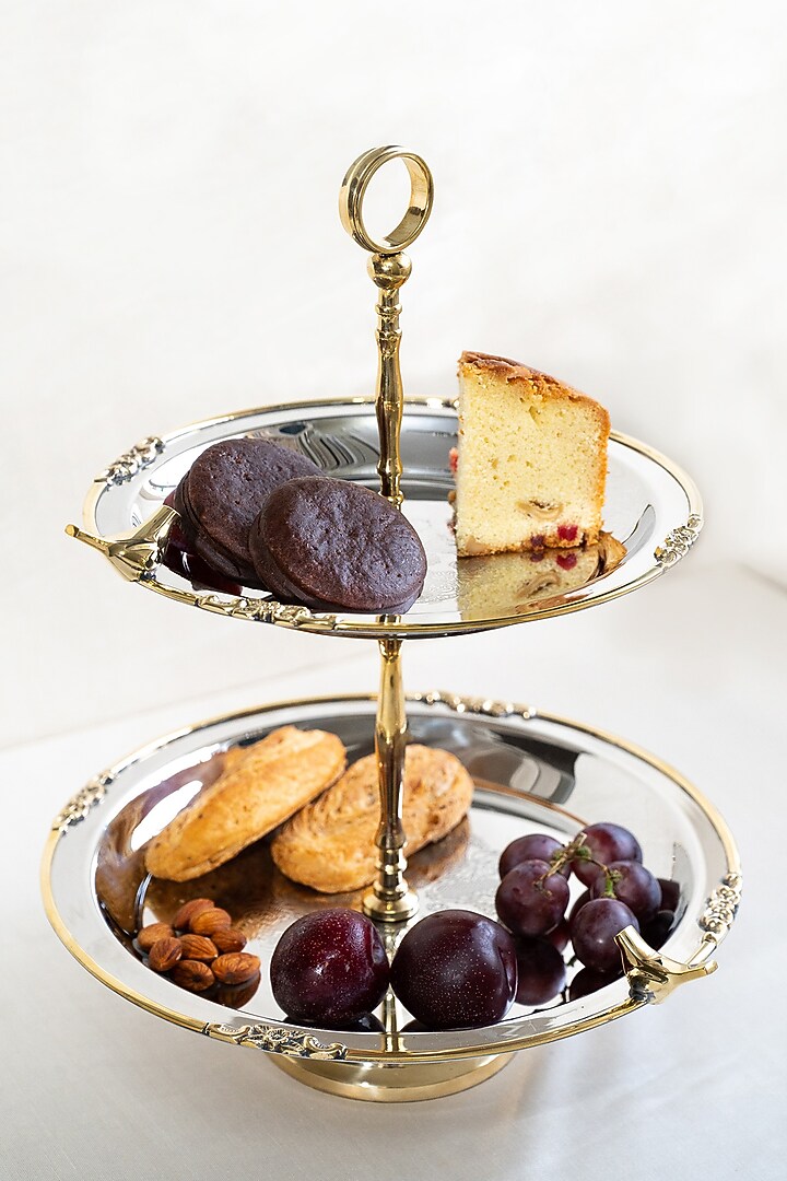 Silver Brass & Stainless Steel Two-Tiered Cake Stand by Indique at Pernia's Pop Up Shop