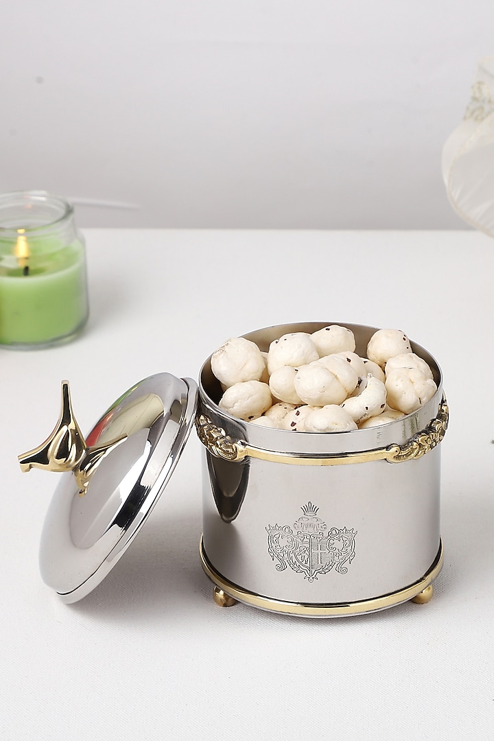 Silver Brass & Stainless Steel Round Jar by Indique