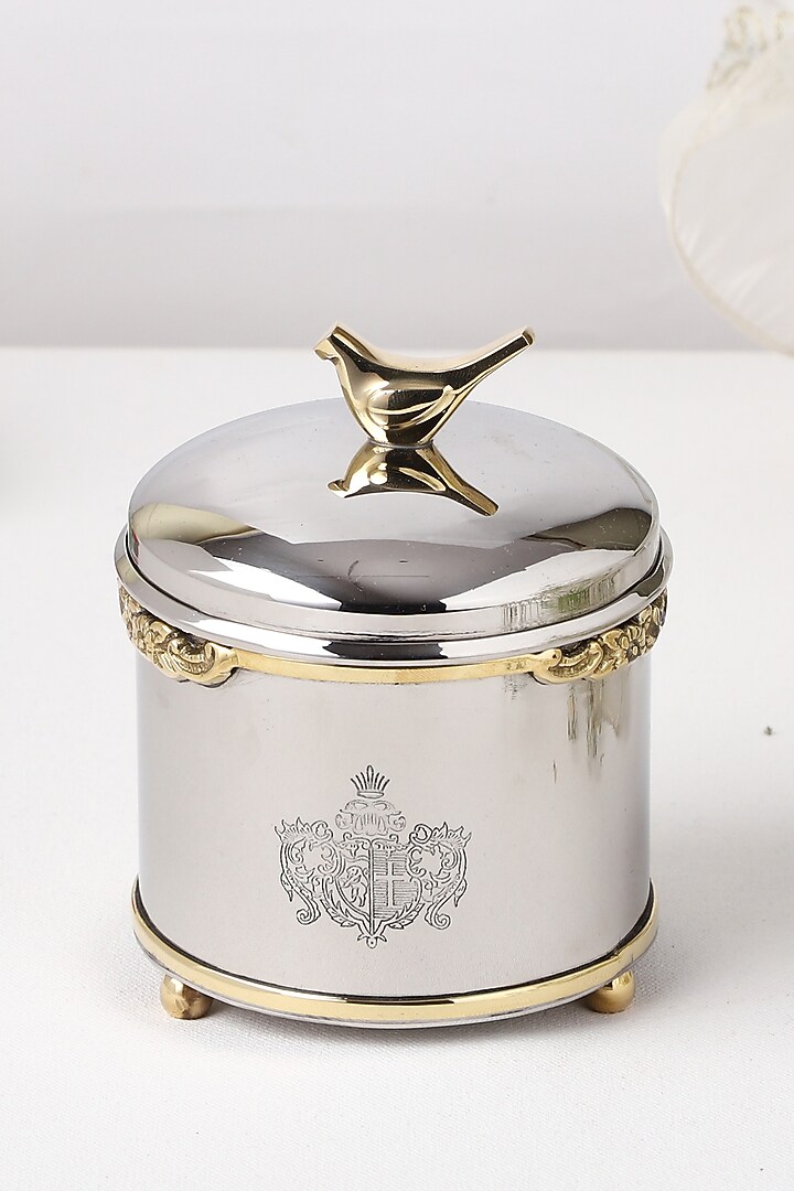 Silver Brass & Stainless Steel Round Jar by Indique at Pernia's Pop Up Shop