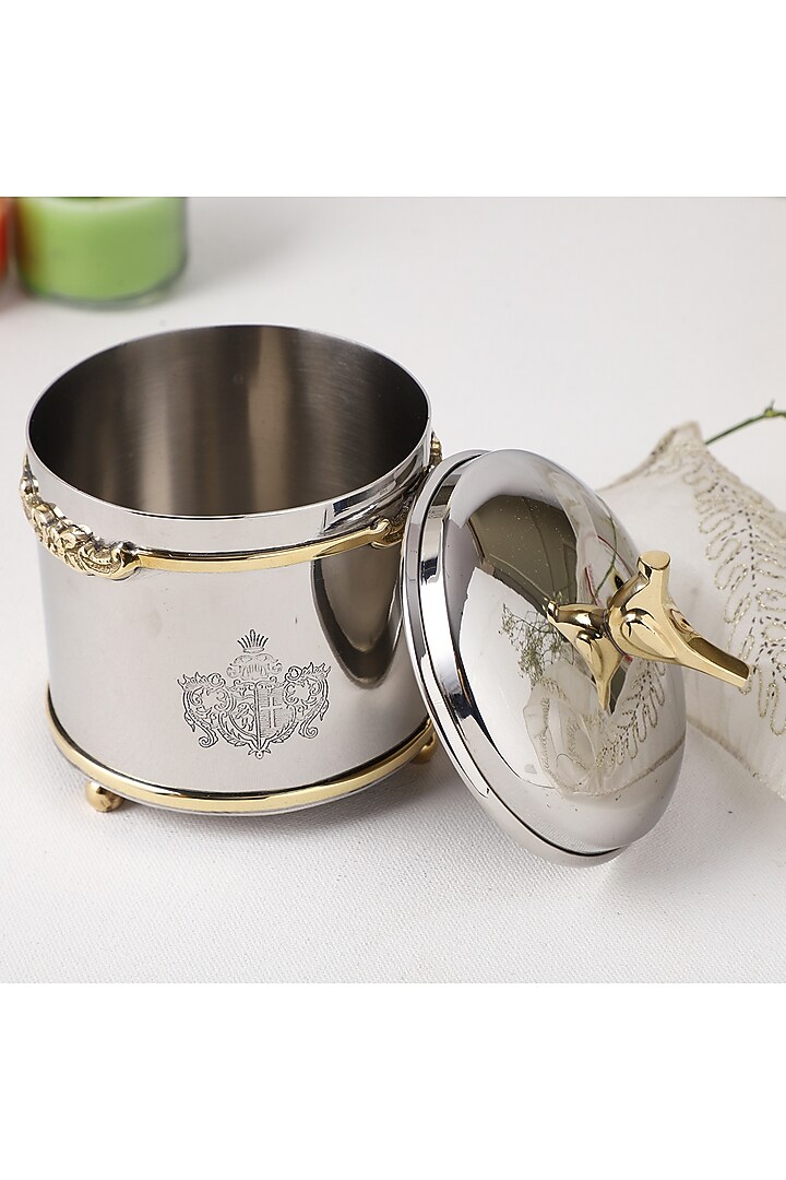 Silver Brass & Stainless Steel Round Jar by Indique at Pernia's Pop Up Shop