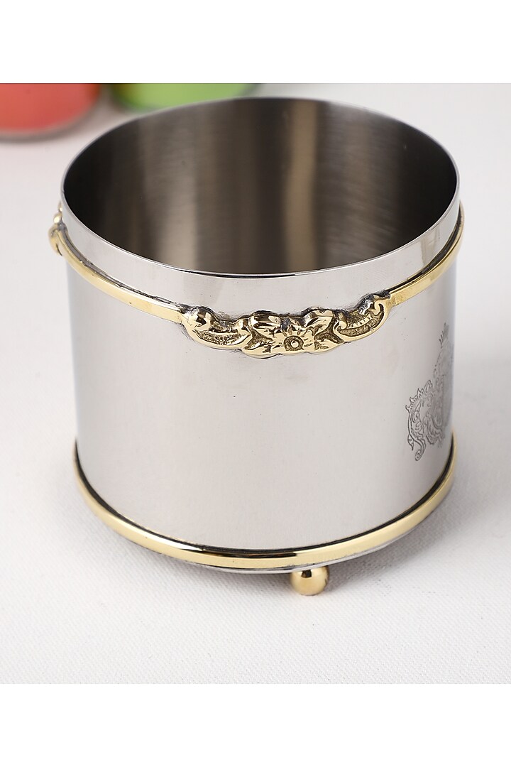 Silver Brass & Stainless Steel Round Jar by Indique at Pernia's Pop Up Shop