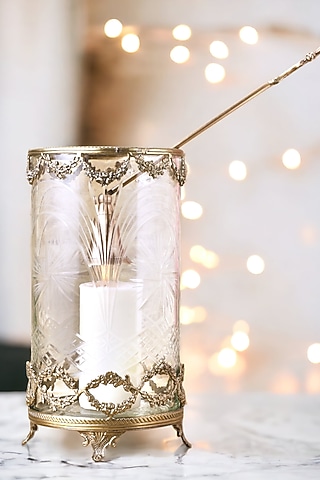 Golden Brass & Clear Glass Hurricane Candle Holder With Snuffer by Indique