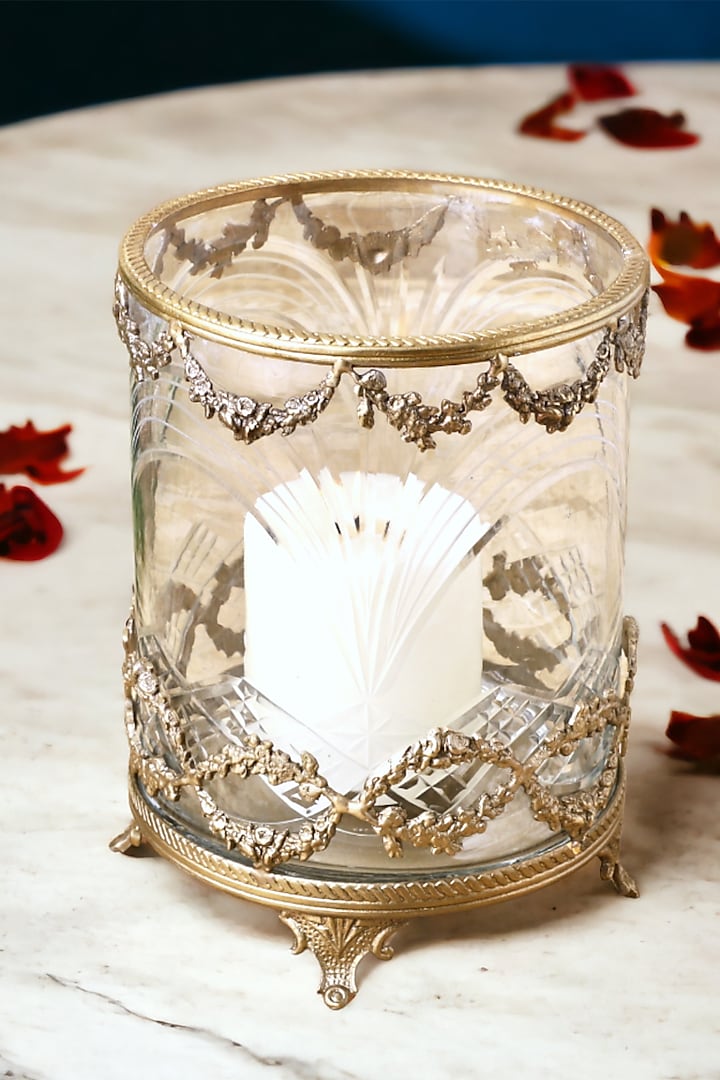 Golden Brass & Clear Glass Hurricane Candle Holder by Indique