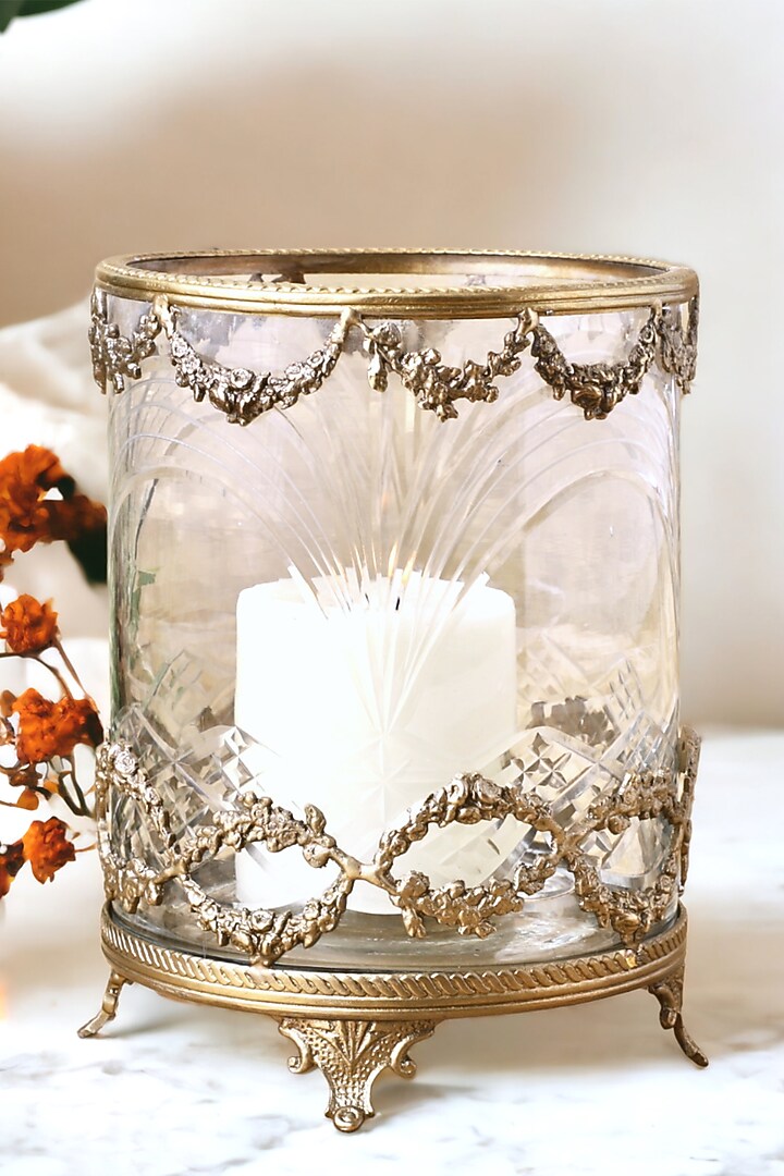 Golden Brass & Clear Glass Hurricane Candle Holder by Indique at Pernia's Pop Up Shop