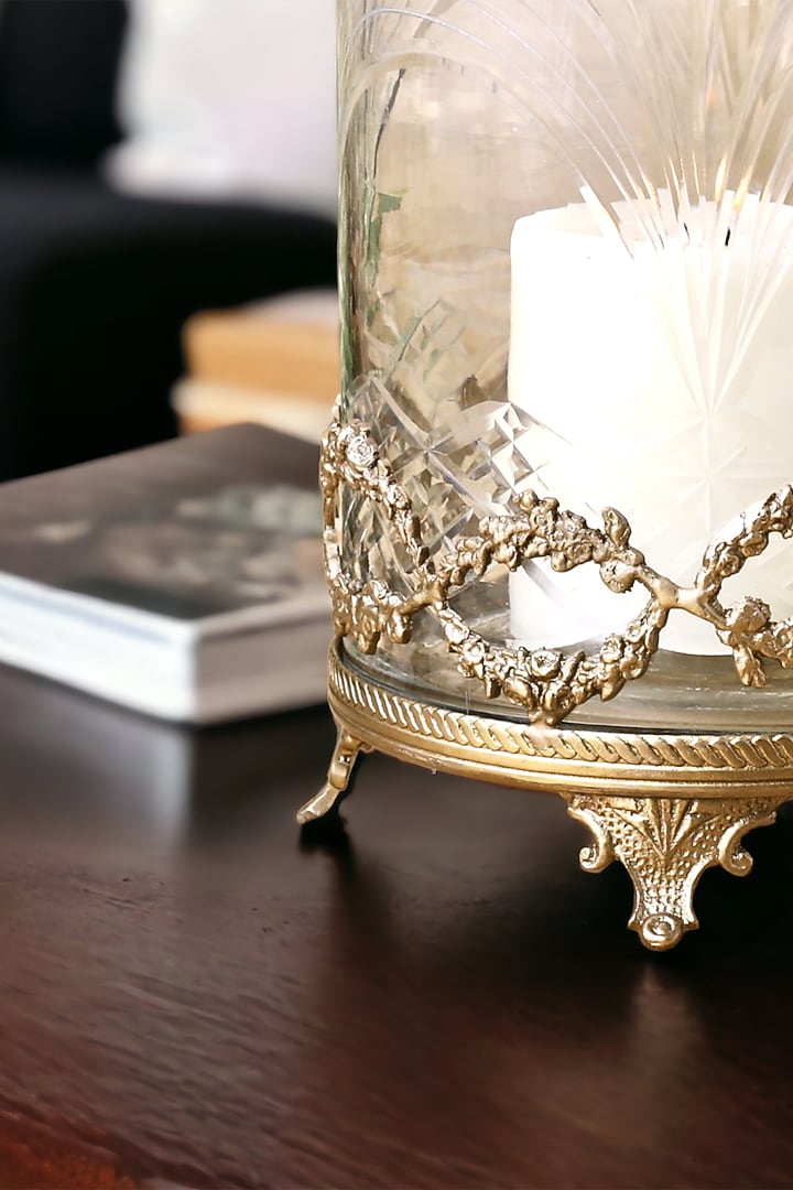 Golden Brass & Clear Glass Hurricane Candle Holder by Indique at Pernia's Pop Up Shop
