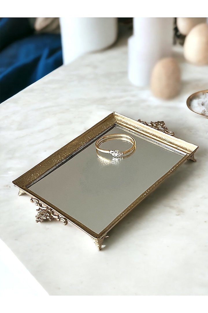Gold Brass & Mirror Glass Vanity Tray by Indique