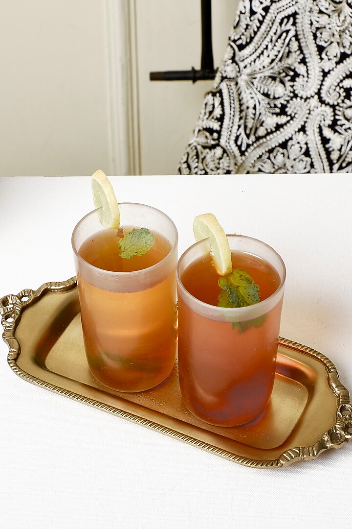 Golden Brass Rectangular Ribbon Serving Tray by Indique at Pernia's Pop Up Shop