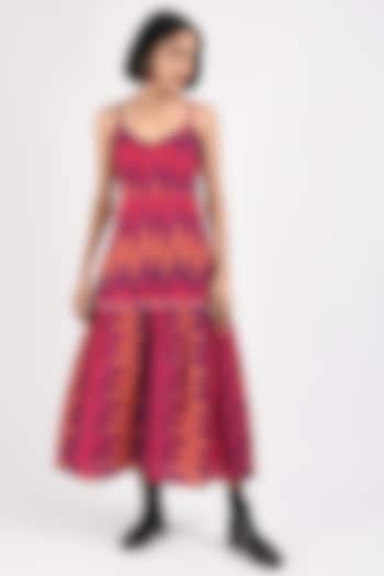 Strawberry Red Printed Handcrafted A-Line Dress by Indigo Dreams