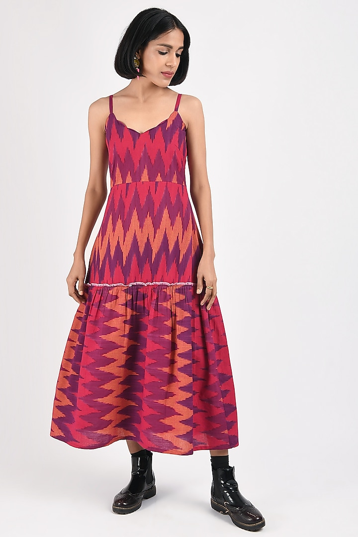 Strawberry Red Printed Handcrafted A-Line Dress by Indigo Dreams