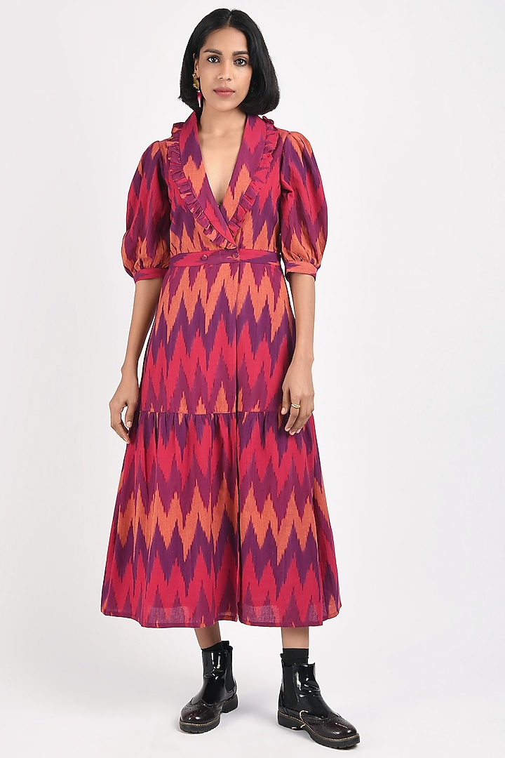 Strawberry Red Printed Handcrafted A-Line Wrap Dress by Indigo Dreams