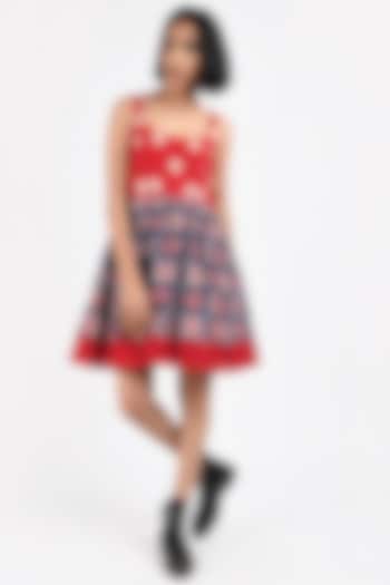 Electric Red & Navy Blue Printed Handcrafted Dress by Indigo Dreams