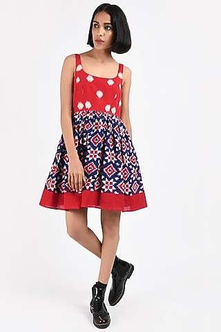 Electric Red & Navy Blue Printed Handcrafted Dress by Indigo Dreams