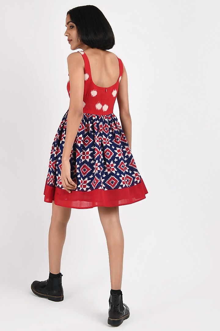 Electric Red & Navy Blue Printed Handcrafted Summer Dress by Indigo Dreams at Pernia's Pop Up Shop