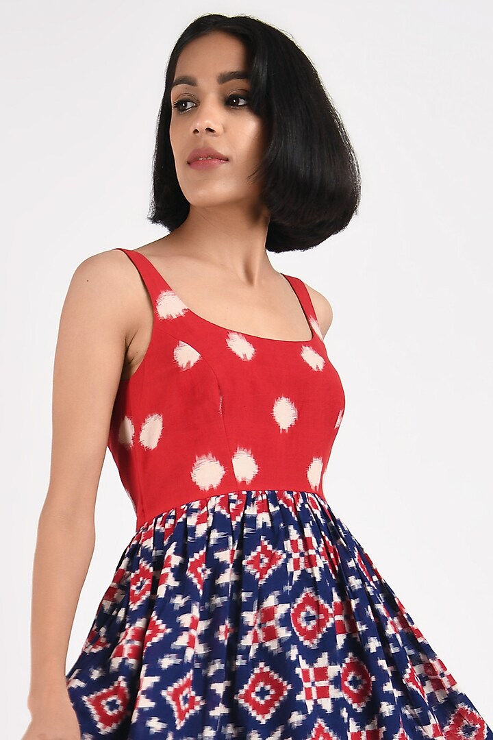 Electric Red & Navy Blue Printed Handcrafted Summer Dress by Indigo Dreams at Pernia's Pop Up Shop