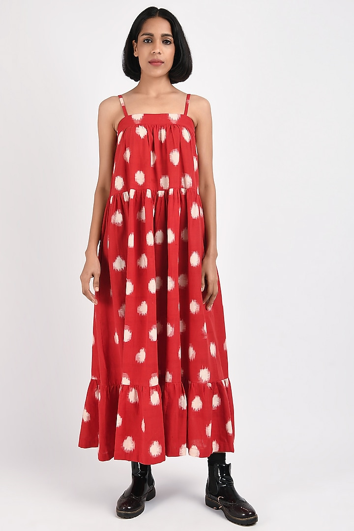Electric Red Printed Handcrafted Tiered Maxi Dress by Indigo Dreams
