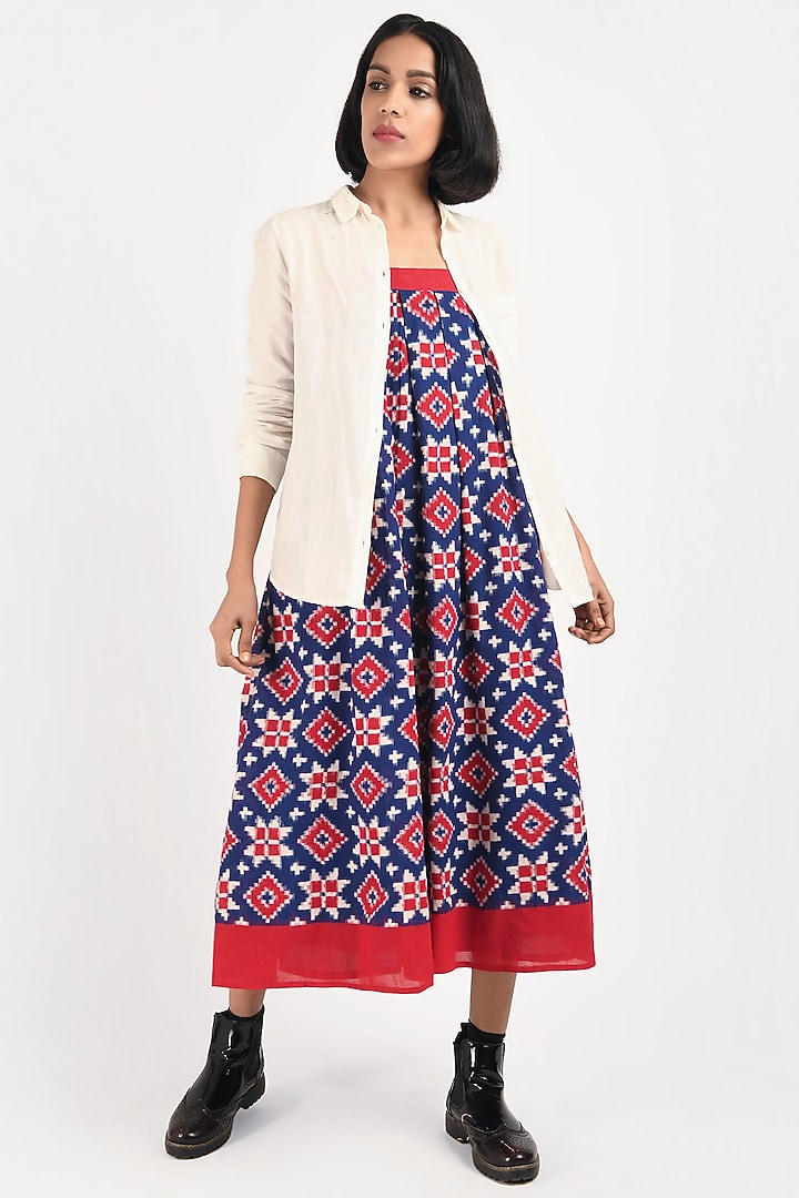 Red Handwoven Ikat Summer Dress With Oversized Shirt by Indigo Dreams at Pernia's Pop Up Shop