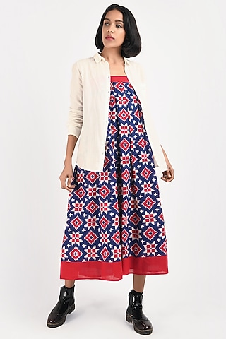 Red Handwoven Ikat Dress With Oversized Shirt by Indigo Dreams