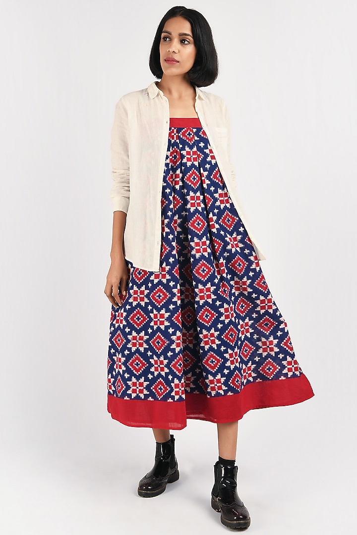 Red Handwoven Ikat Summer Dress With Oversized Shirt by Indigo Dreams at Pernia's Pop Up Shop