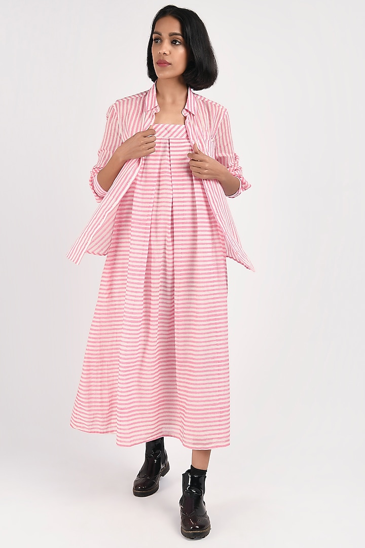 Pink Handwoven Midi Dress With Shirt by Indigo Dreams