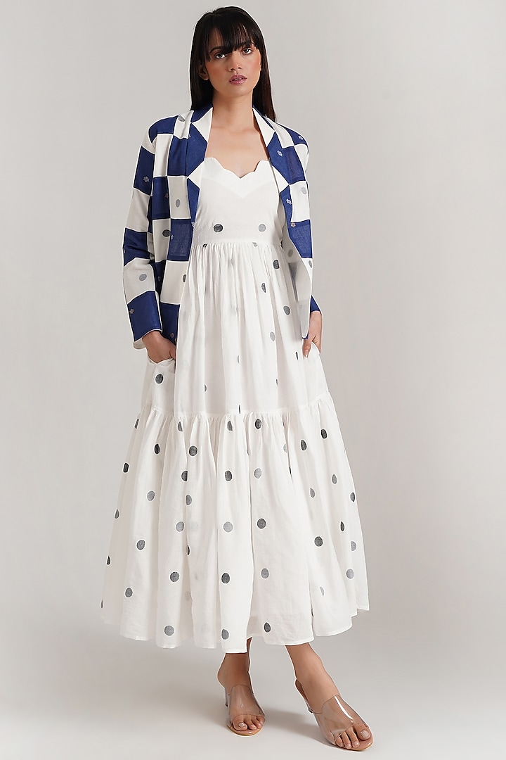 Ivory Handwoven Jamdani Checkered Jacket Dress by Indigo Dreams