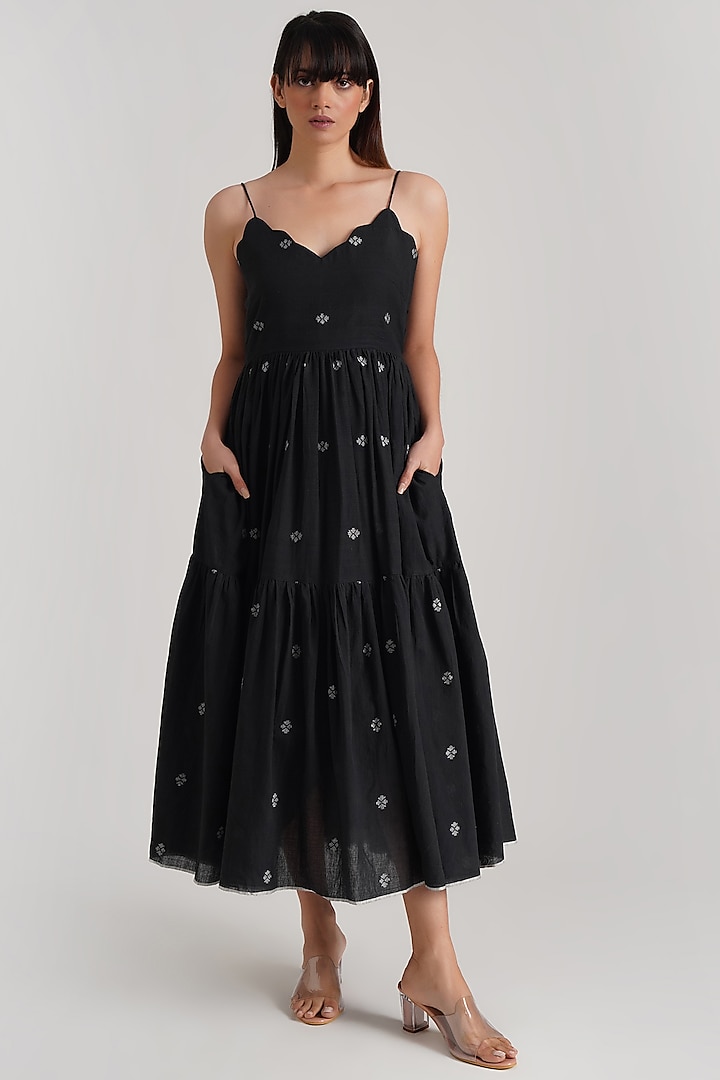 Black Handwoven Jamdani Summer Dress by Indigo Dreams at Pernia's Pop Up Shop