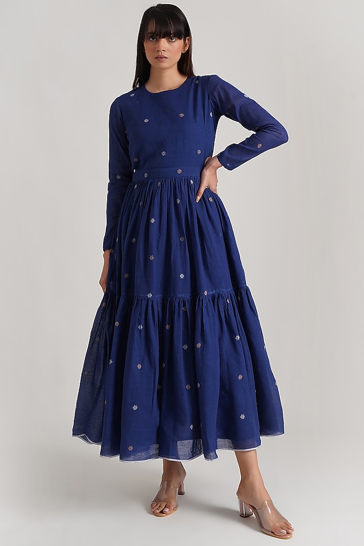 Blue Handwoven Jamdani Dress by Indigo Dreams