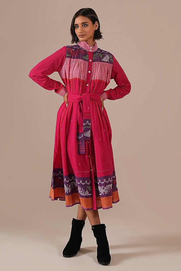 Red & Pink Handwoven Jamdani Vacation Shirt Dress by Indigo Dreams at Pernia's Pop Up Shop