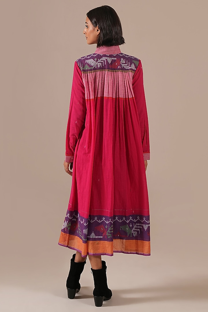 Red & Pink Handwoven Jamdani Vacation Shirt Dress by Indigo Dreams at Pernia's Pop Up Shop