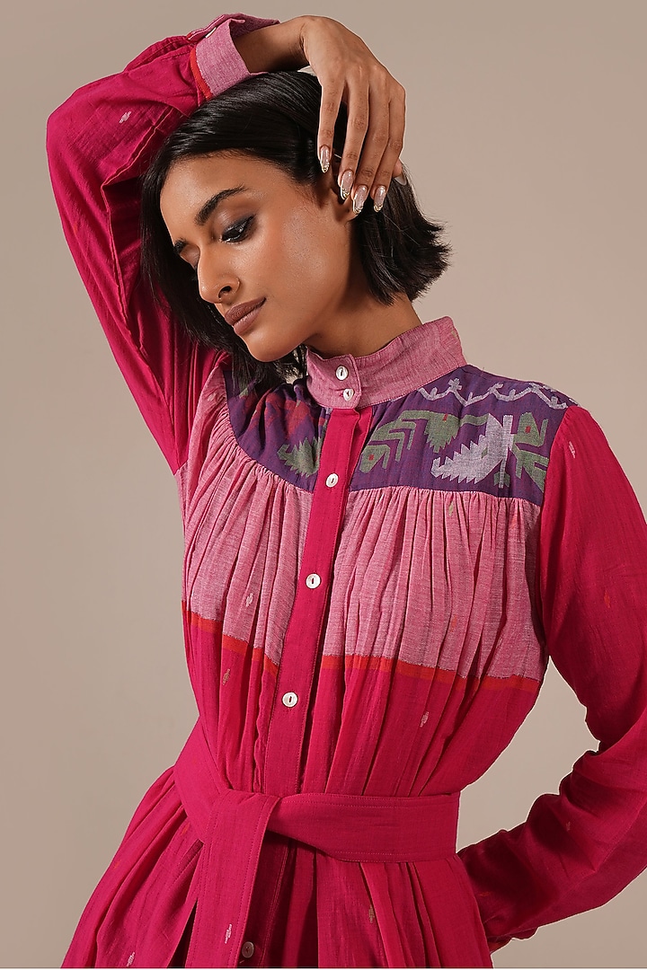 Red & Pink Handwoven Jamdani Vacation Shirt Dress by Indigo Dreams at Pernia's Pop Up Shop
