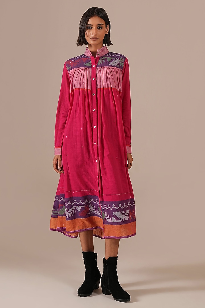 Red & Pink Handwoven Jamdani Vacation Shirt Dress by Indigo Dreams at Pernia's Pop Up Shop
