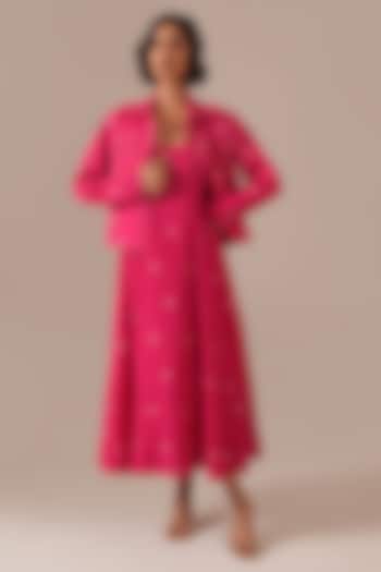 Red & Pink Handwoven Jamdani Flared Jacket Vacation Dress by Indigo Dreams at Pernia's Pop Up Shop