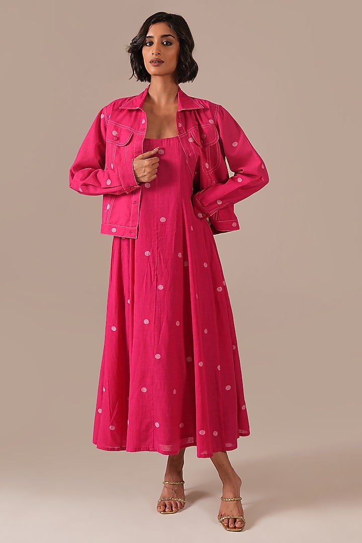 Red & Pink Handwoven Jamdani Flared Jacket Vacation Dress by Indigo Dreams at Pernia's Pop Up Shop