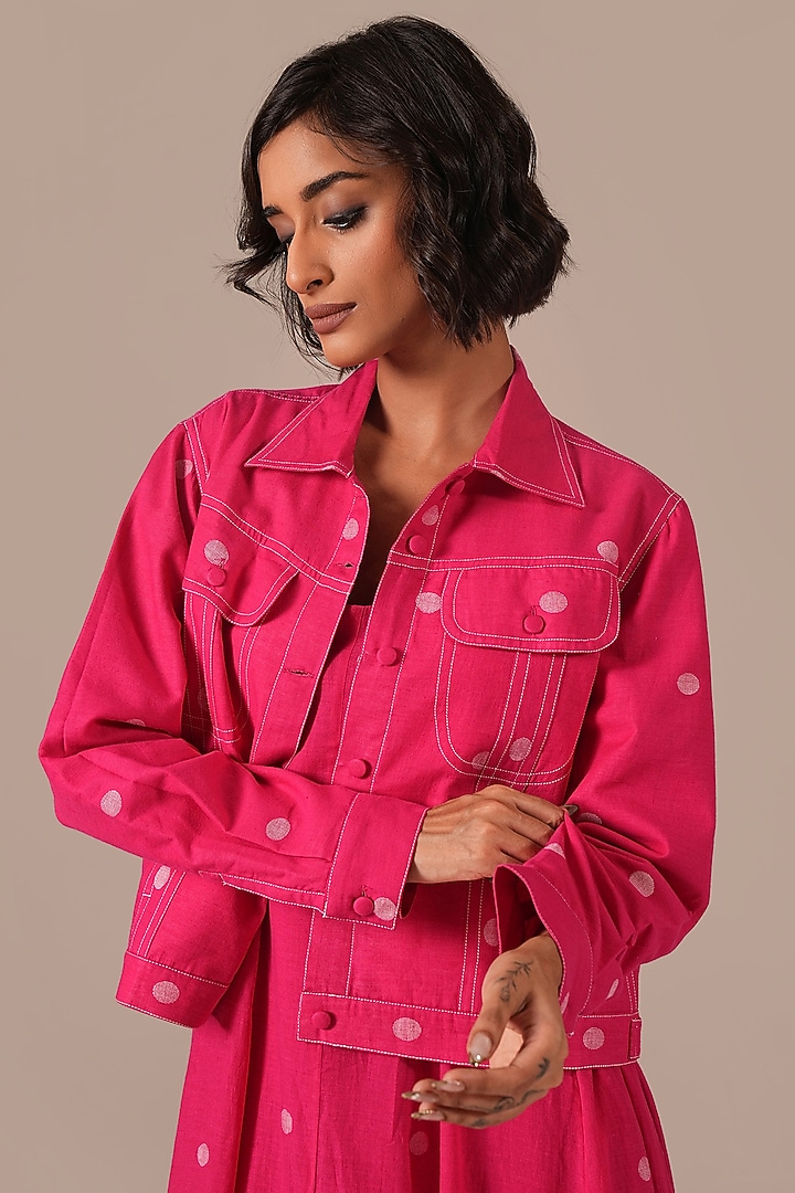 Red & Pink Handwoven Jamdani Flared Jacket Vacation Dress by Indigo Dreams at Pernia's Pop Up Shop