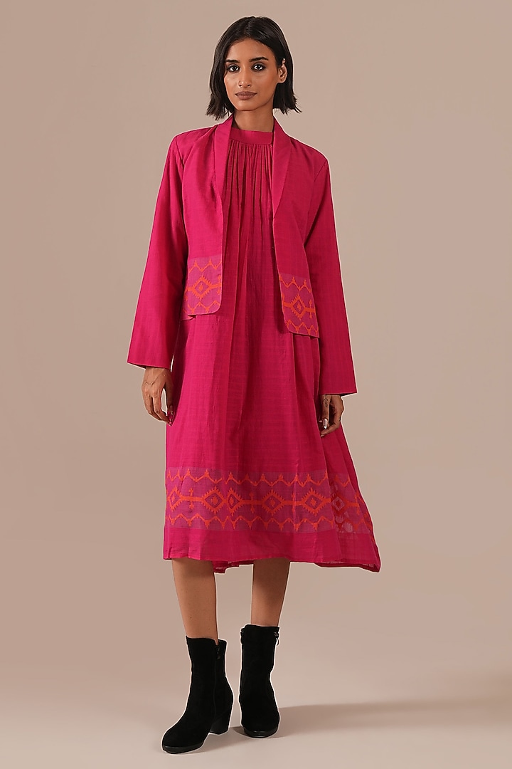 Red & Pink Handwoven Jamdani Halter Jacket Vacation Dress by Indigo Dreams at Pernia's Pop Up Shop