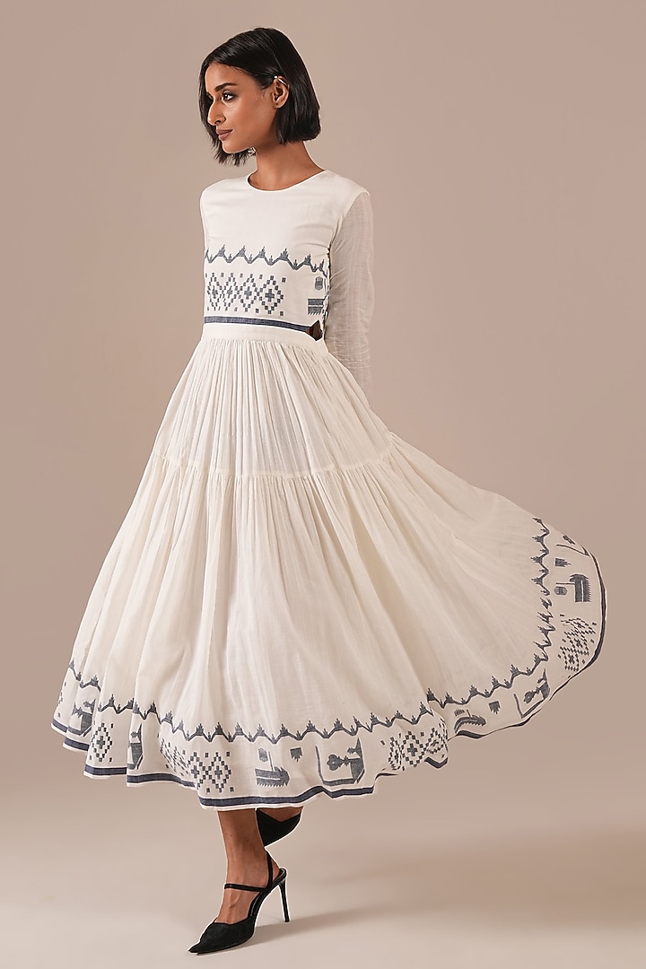 Ivory Cotton & Handwoven Jamdani Midi Vacation Dress by Indigo Dreams at Pernia's Pop Up Shop