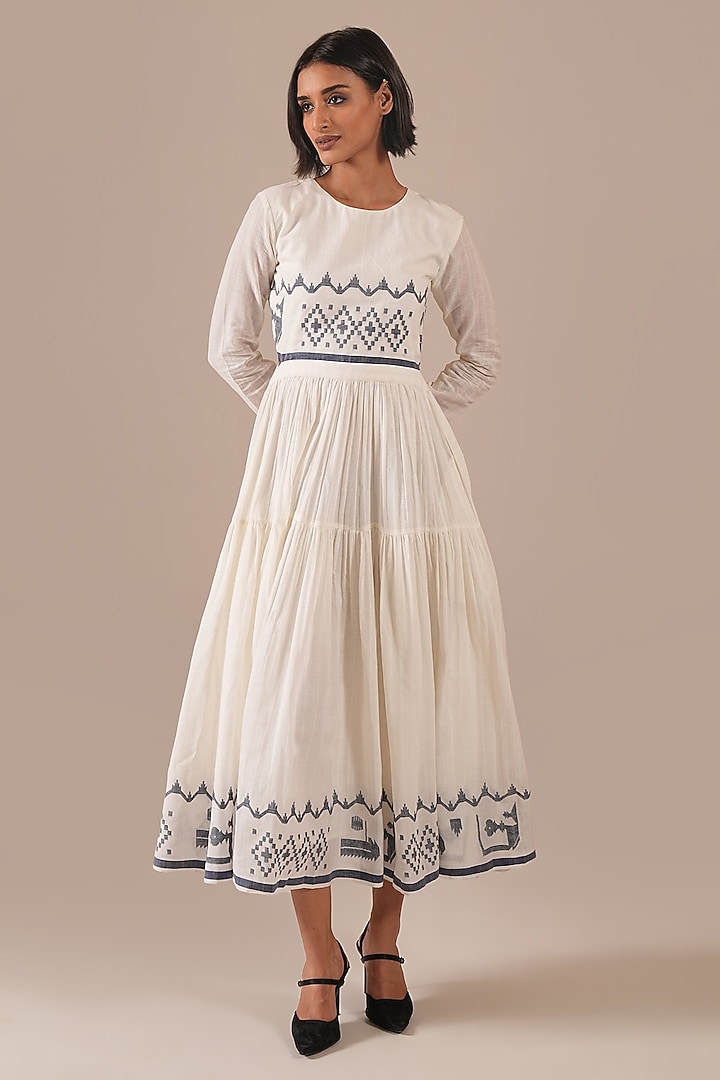 Ivory Cotton & Handwoven Jamdani Midi Vacation Dress by Indigo Dreams at Pernia's Pop Up Shop