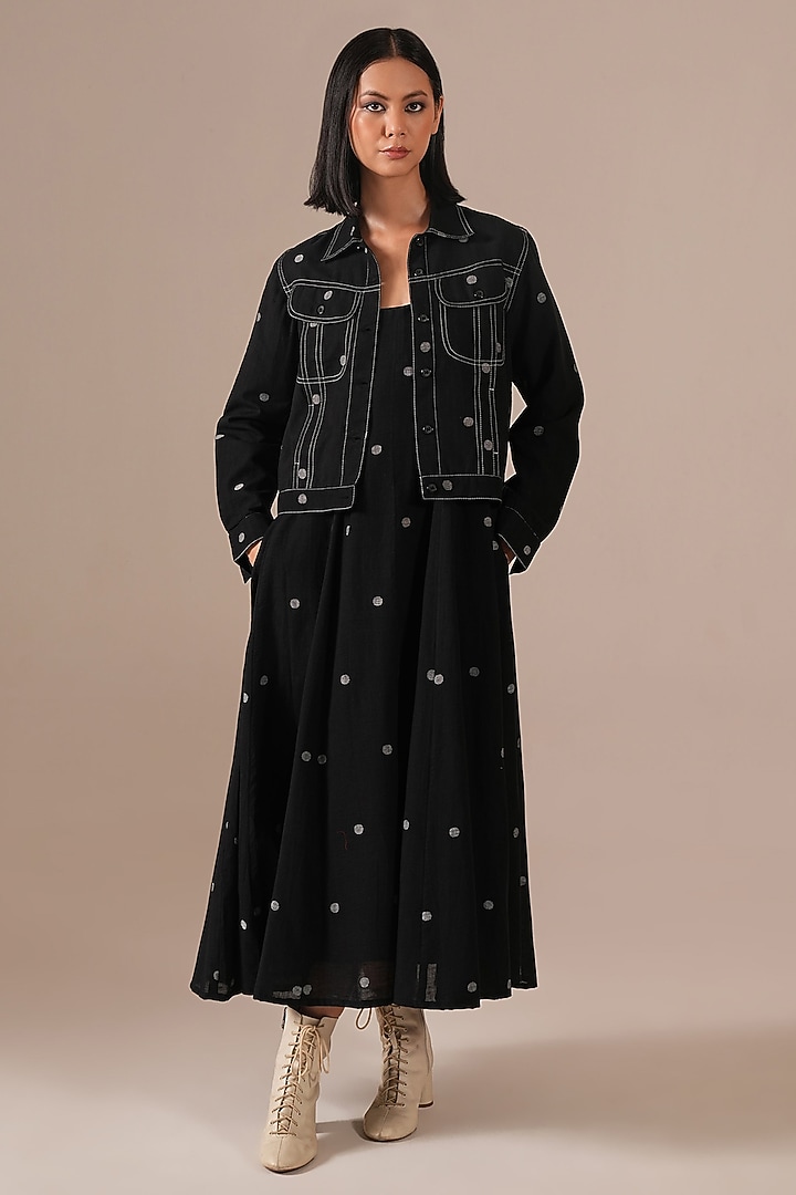 Black Handwoven Jamdani & Cotton Jacket Vacation Dress by Indigo Dreams at Pernia's Pop Up Shop