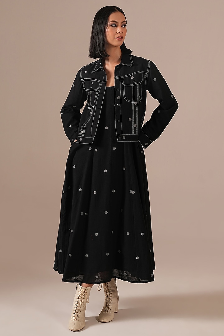 Black Handwoven Jamdani & Cotton Jacket Vacation Dress by Indigo Dreams at Pernia's Pop Up Shop